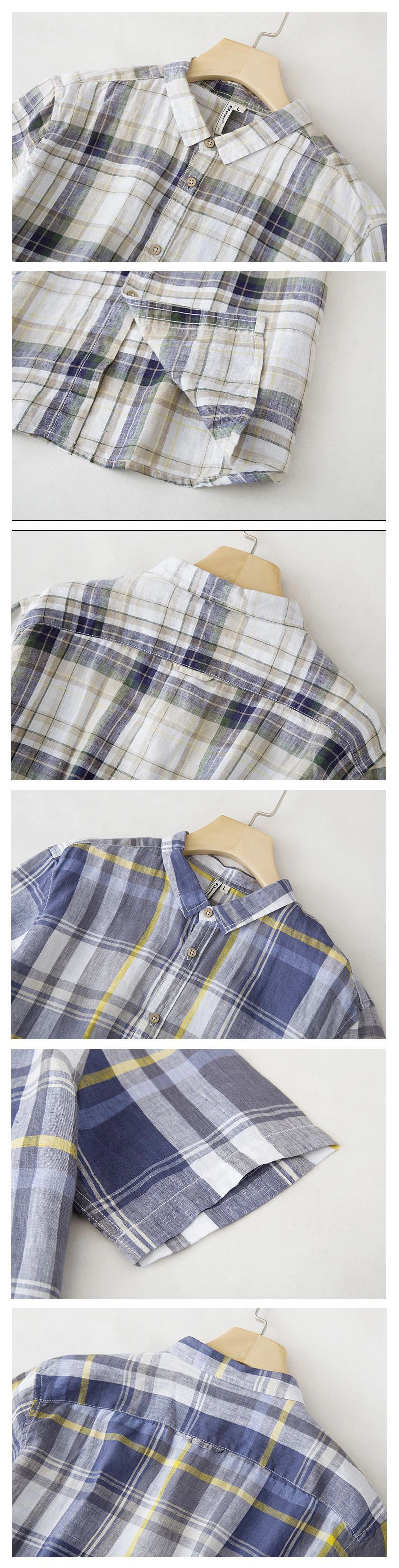 Wholesale Men′s Plaid Linen Cotton Slim Fit Spring Autumn Male Casual Branded Short Sleeved Shirts