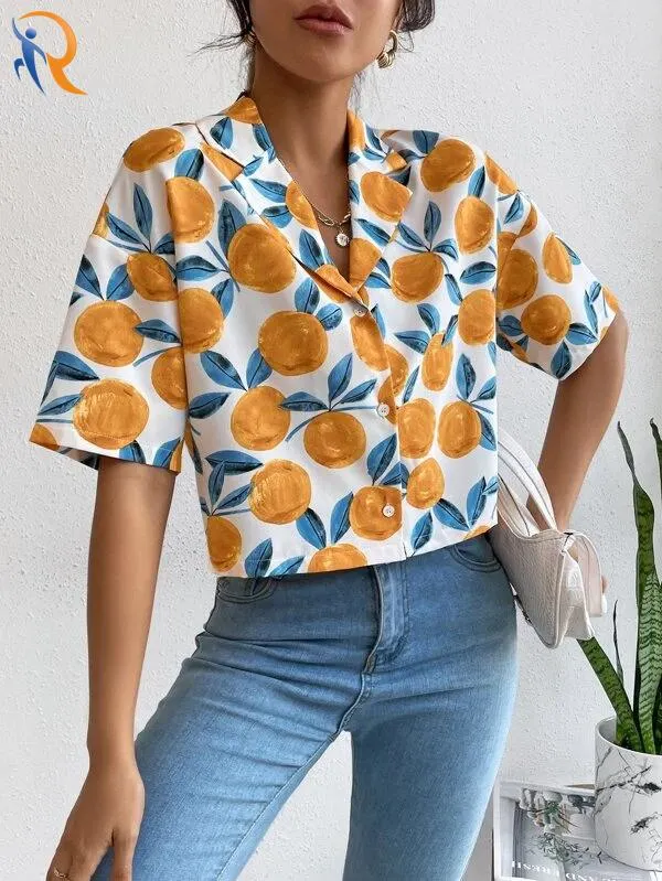 Women Allover Fruit Print Shirt Lapel Collar Drop Shoulder Blouse